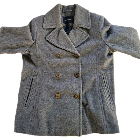 Lands' End Women's Wool Blend Peacoat Gray Size 14P Petite Double Breasted Coat - Picture 1 of 8